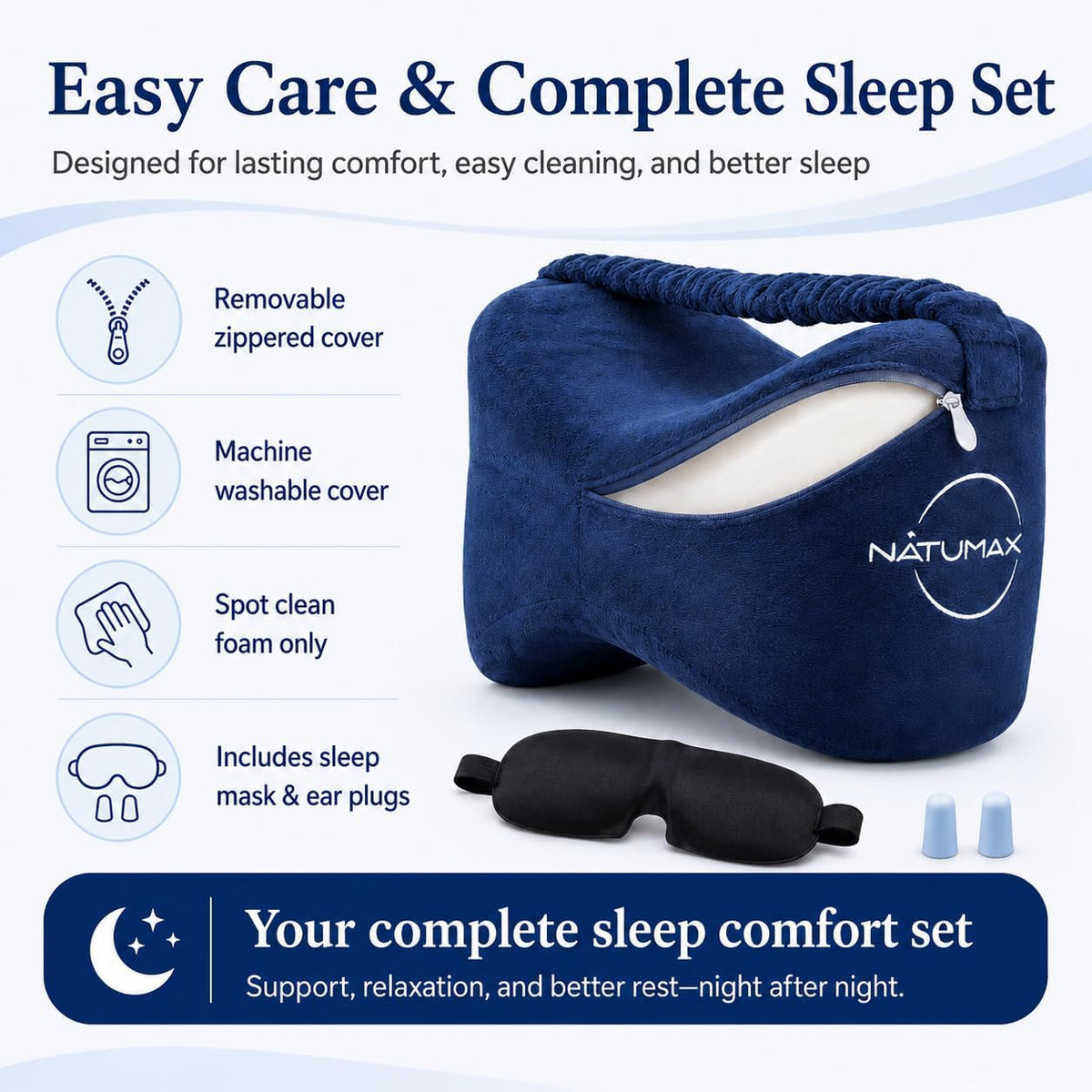 Knee Pillow for Side Sleepers - Relief from Sciatica Pain, Back/Leg Pain, Pregnancy, Hip and Joint Pain Memory Foam Leg Pillow + Free Sleep Mask and Ear Plugs