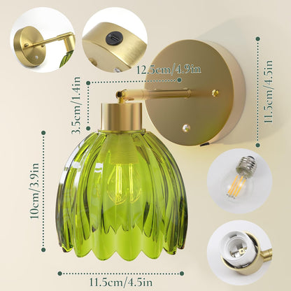 Battery Operated Wall Sconces, Rechargeable Green Glass Shades, Set of 2
