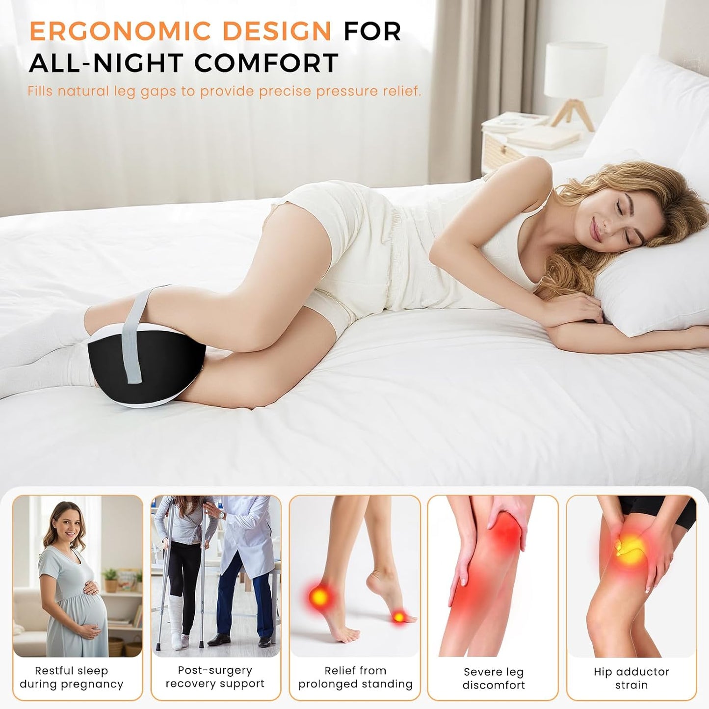 Knee Pillow for Side Sleepers, Leg Pillow with Adjustable Hook & Loop Strap & Removable Washable Cover for Spine Alignment, Sciatica, Hip & Back Pain Relief