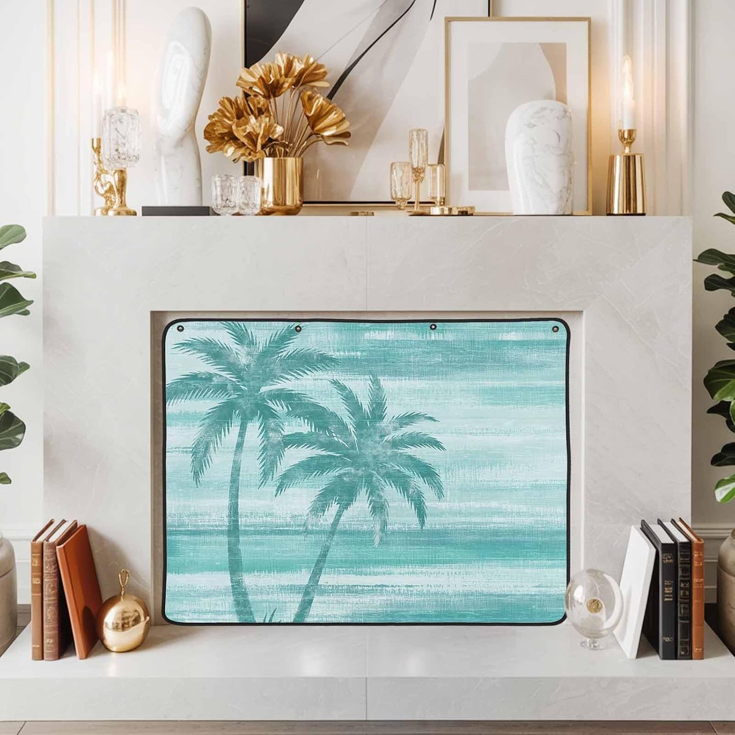 Magnetic Fireplace Cover Beige Summer Palm Tree Fireplace Screen Decorative Tropical Leaves Plant Insulation Fireplace Blocker Save Energy Fireplace Draft Stopper Covers for Living Room 45x34 Inch