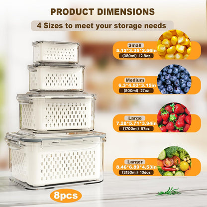 Dayacoco Fruit Storage Containers for Fridge 4 Pcs with Drain Basket | Fridge organizers & storage - 4 fruit containers w/ drain baskets, BPA-free PP, leak-proof seal, stackable, DW/MW safe.