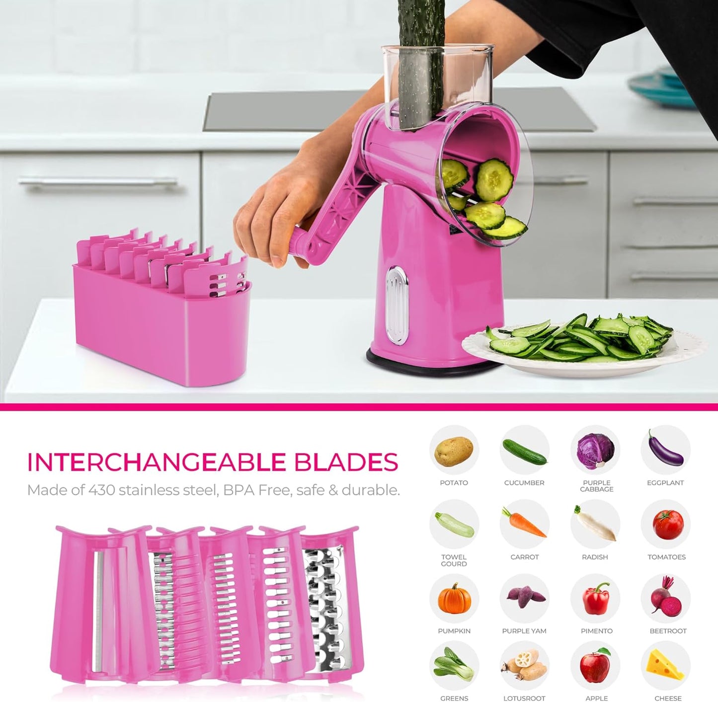 SUSTEAS Rotary Cheese Grater 5 Blades,Kitchen Mandoline Vegetable Slicer | White, Easy to Clean, Strong Suction Base, 5 Blades Storage Box, Round Mandoline Slicer & Food Chopper for Salad