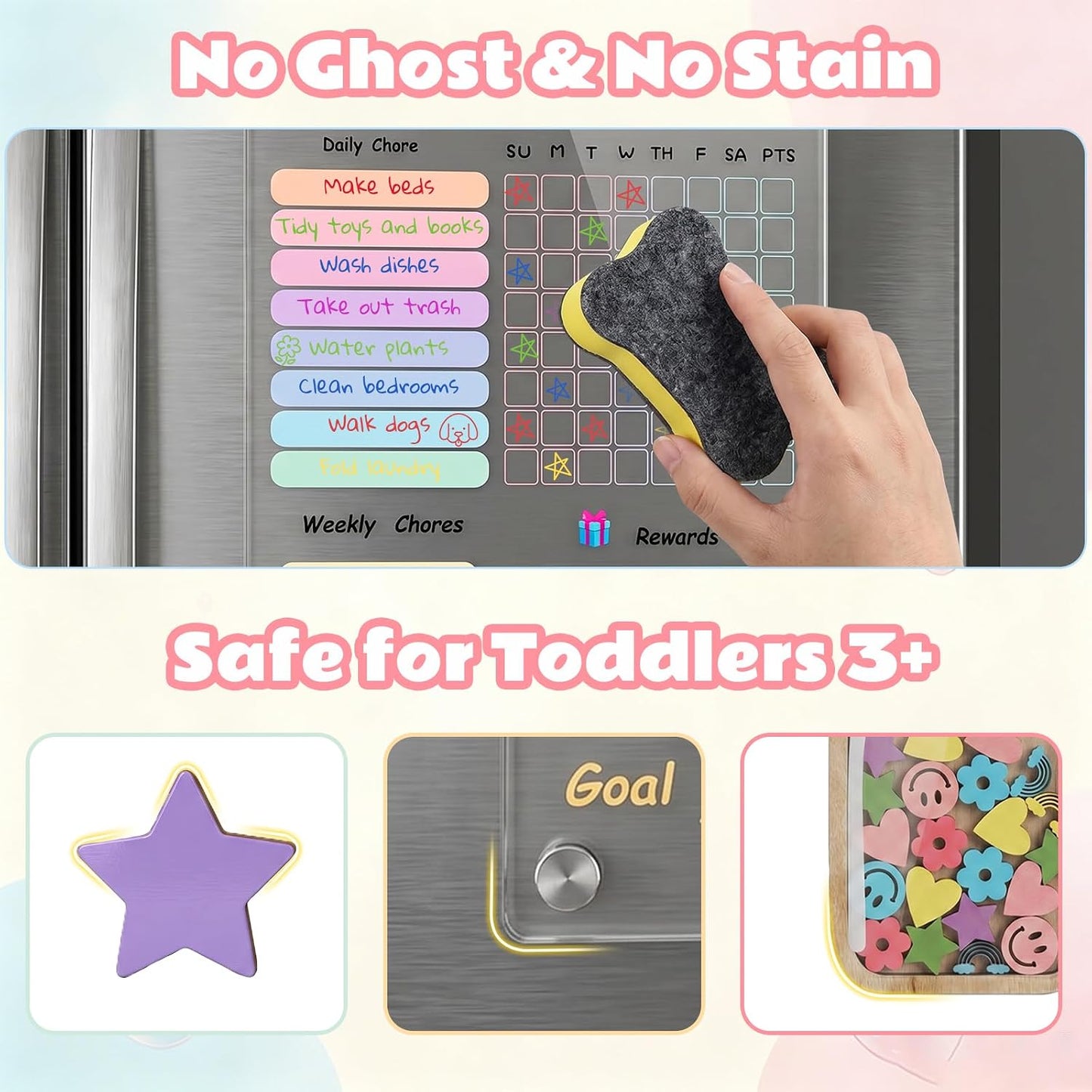 Acrylic Magnetic Chore Board for Kids | Dry Erase Fridge Calendar & Star Reward Jar, Visual Schedule, Potty Training Tracker with Wooden Stars, Markers & Stickers