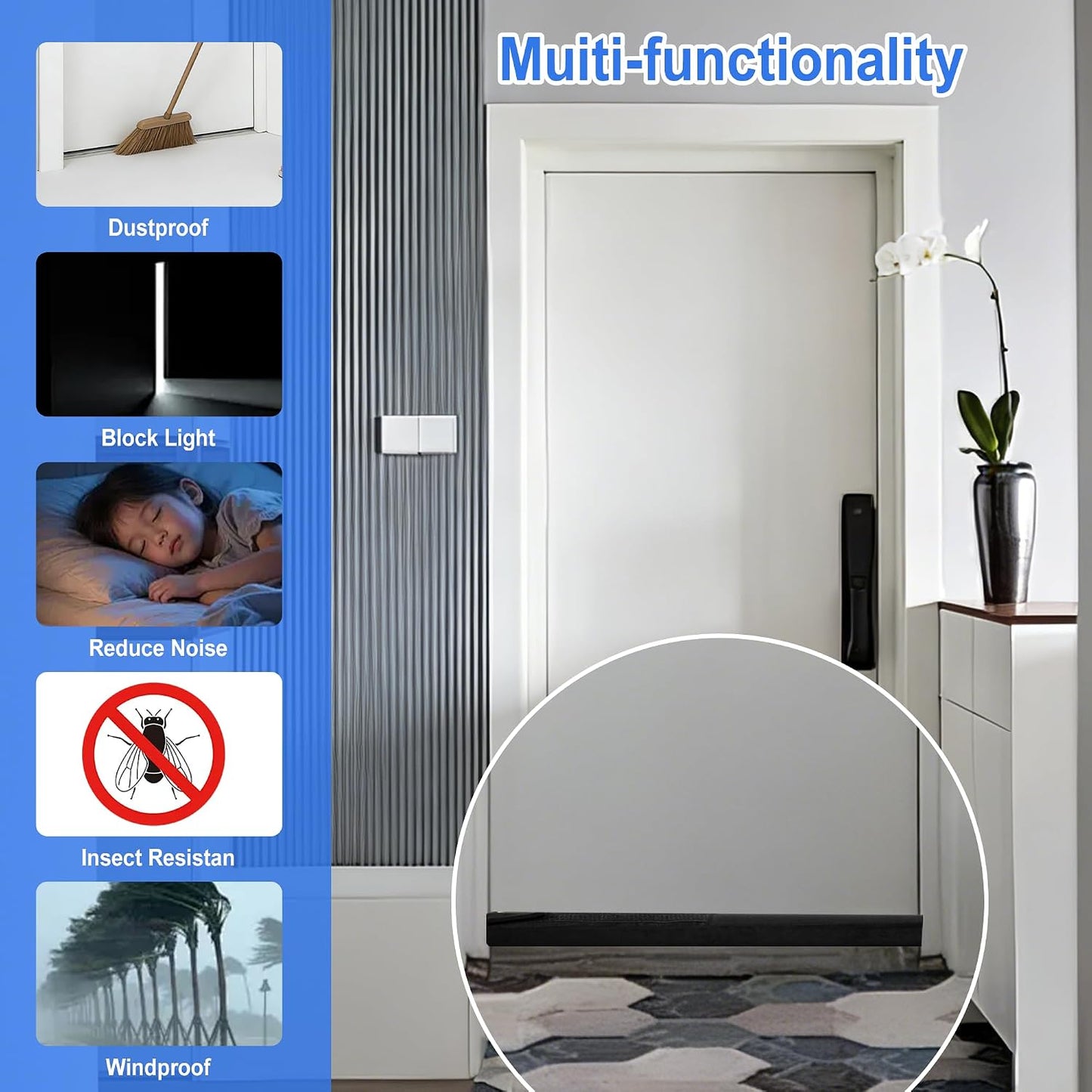 39" Door Draft Stopper - Adjustable Under Door Blocker, Double Sided Weather Stripping for Noise & Dust Proof - Universal Fit (Removable Fabric/Sponge)(Black)
