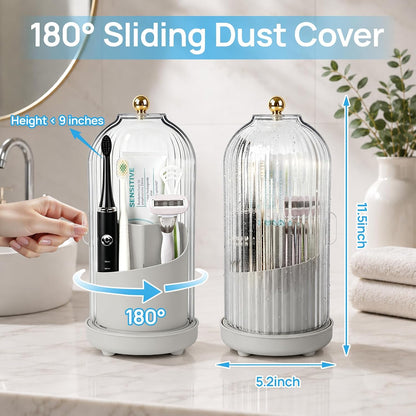 Toothbrush Holders with Cover Toothpaste Organizer for Bathroom, White | 360° Rotating, Dustproof Sliding Lid, Drainage Holes, Waterproof, for Kids Electric Toothbrush Makeup Brush Storage