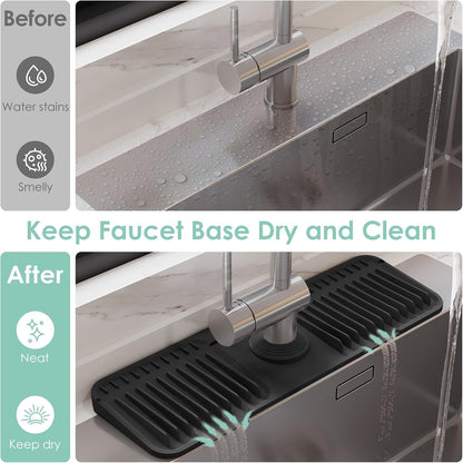24-Inch Silicone Faucet Mat for Kitchen Sink Splash Guard, 7° Slope | 24"x5.5" water draining mat with fasten button; 1.6-2.75" customizable hole for bathroom, RV & kitchen sink drip catcher.