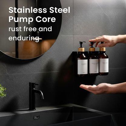 MaisoNovo Shampoo and Conditioner Dispenser|Refillable Black Set of 3 | 500 ml Shower Gel Dispenser Set of 3. Refillable Shampoo and Conditioner Bottles. Drill Free Secure Design. Black