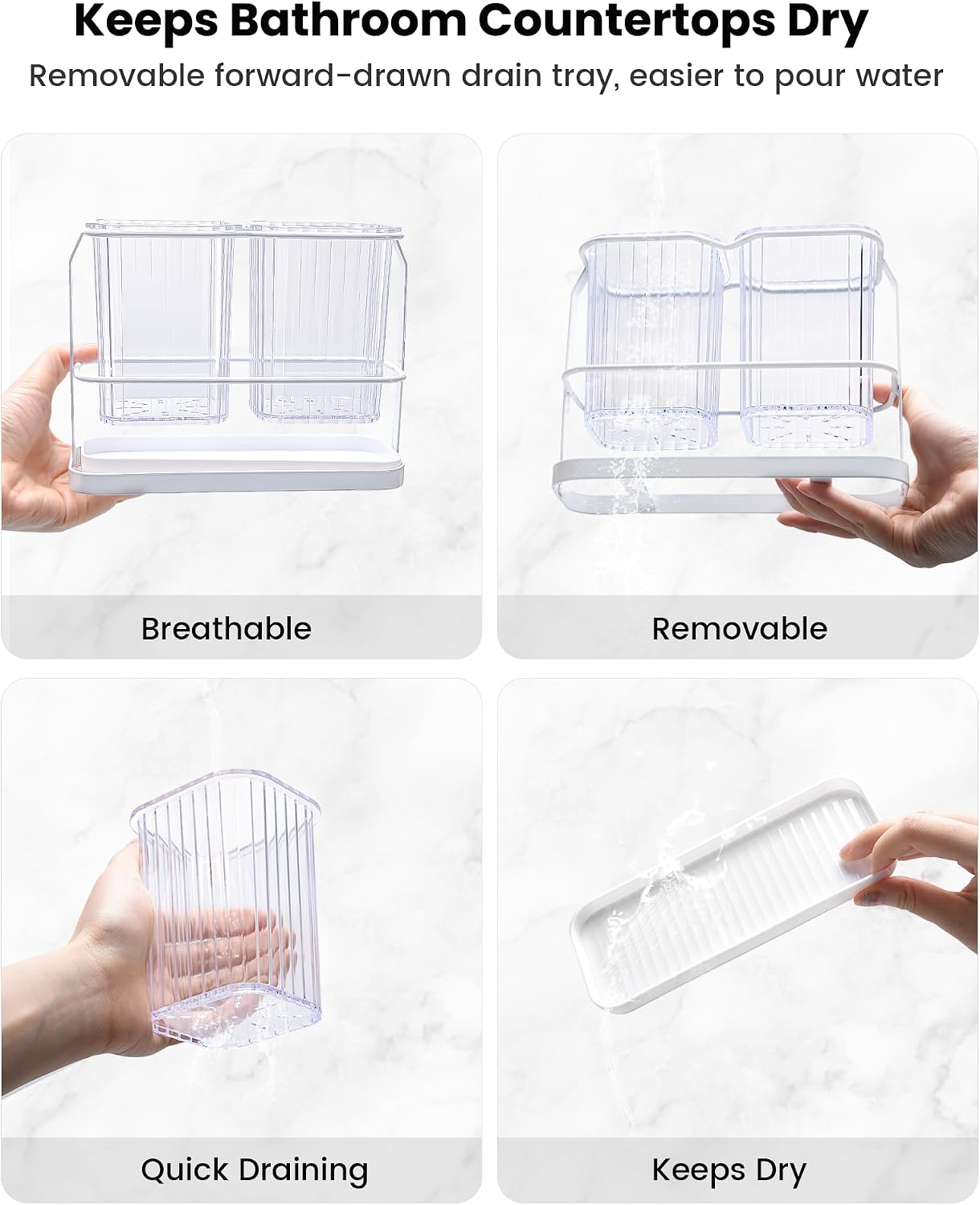 Clear Toothbrush Holders for Bathroom, 2 Cups Wall Mounted, Dry & Wet Separation, Organizers and Storage Set for Family Kids