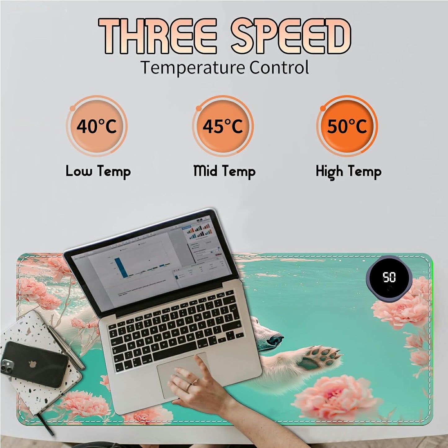 Heated Desk Pad Heated Large Mouse Pad, Electric Quickly Warm Desk Mat with 3 Levels Heating 3 Hours Auto Shut-Off, 31.5" x 13" Warm Gaming Mousepad Hand Foot Warmer, Baby Elephant