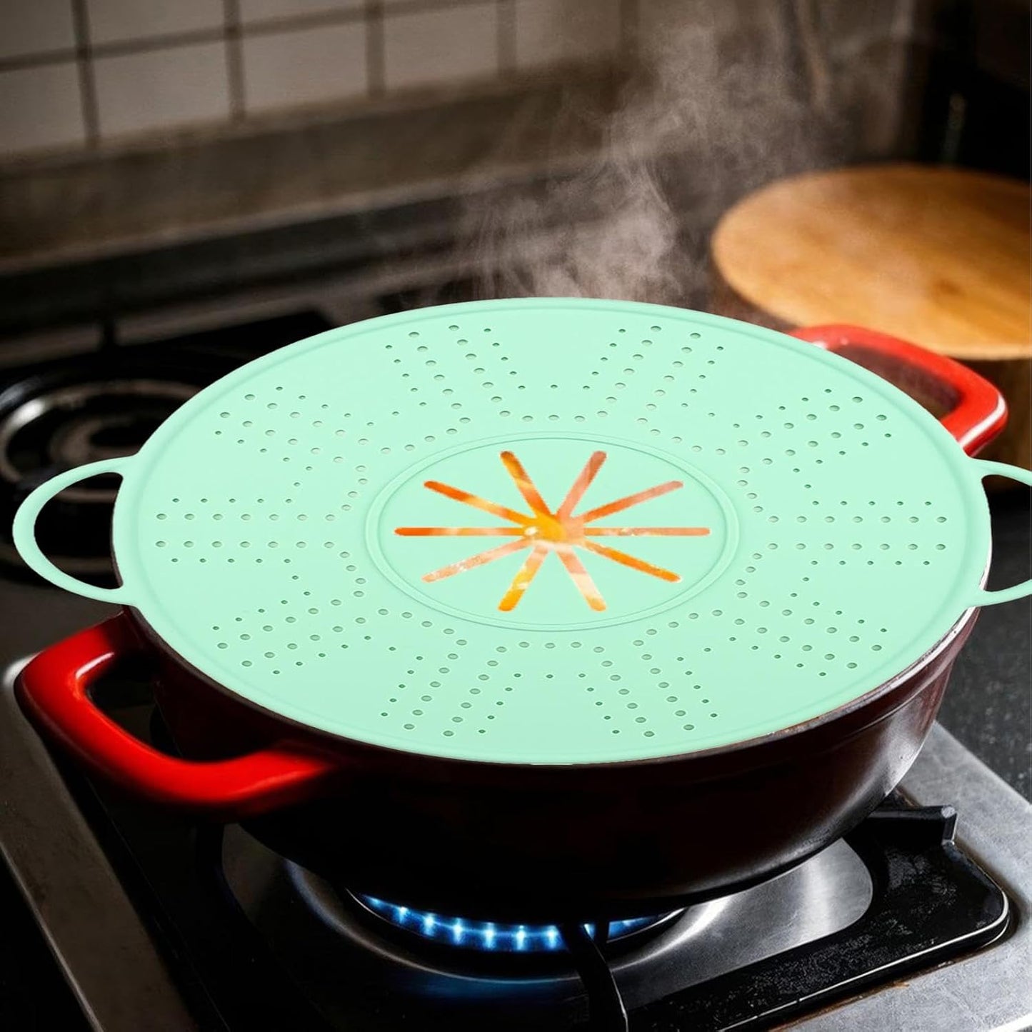 Spill Stopper Lid Silicone Boil Splatter Screen Pot Cover with Double Handles Anti Overflow Mat Heat Resistant for Cooking and Steam, Green