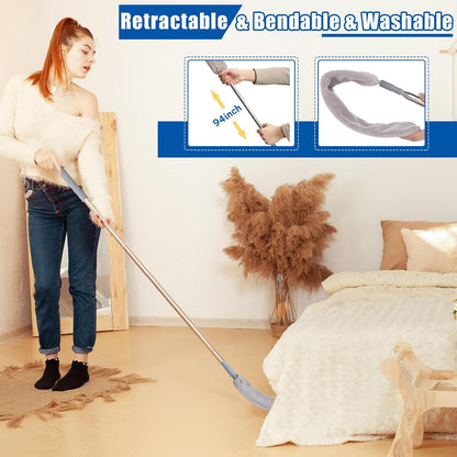 Feather Duster Set (4 Pieces), 30-100 inch Microfiber Retractable Gap Duster for Cleaning Ceilings, Furniture Refrigerators and Under Sofas | Bendable Head for Corner Cleaning, Washable Reusable Duster, Household Tool for Ceiling Furniture Under Sofa