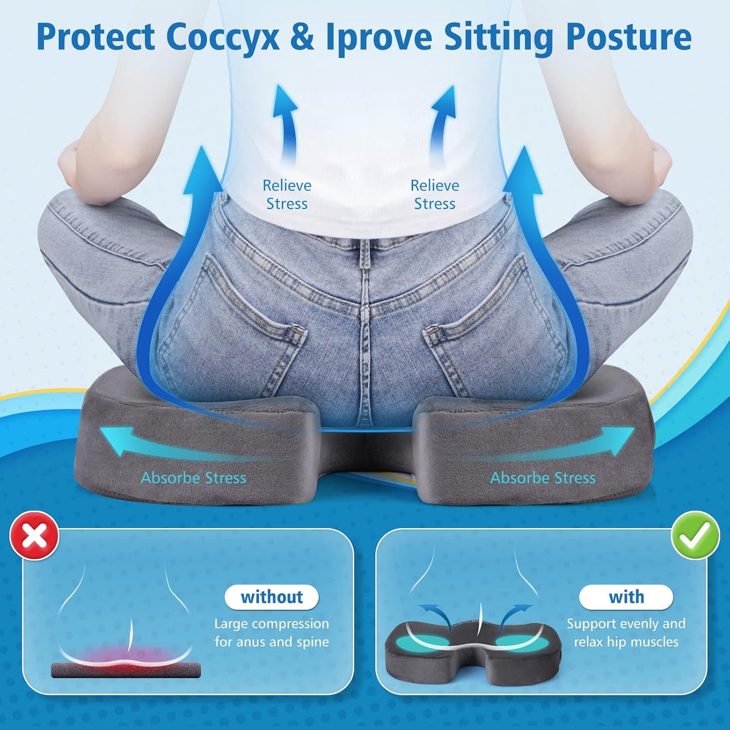 CloudBliss Gel Memory Foam Seat Cushion for Long Sitting, Large, Black | Gel Chair Pad for Tailbone, Coccyx, Sciatica , Soft Suede Cover, Non-Slip , Washable Mesh, for office, home, car