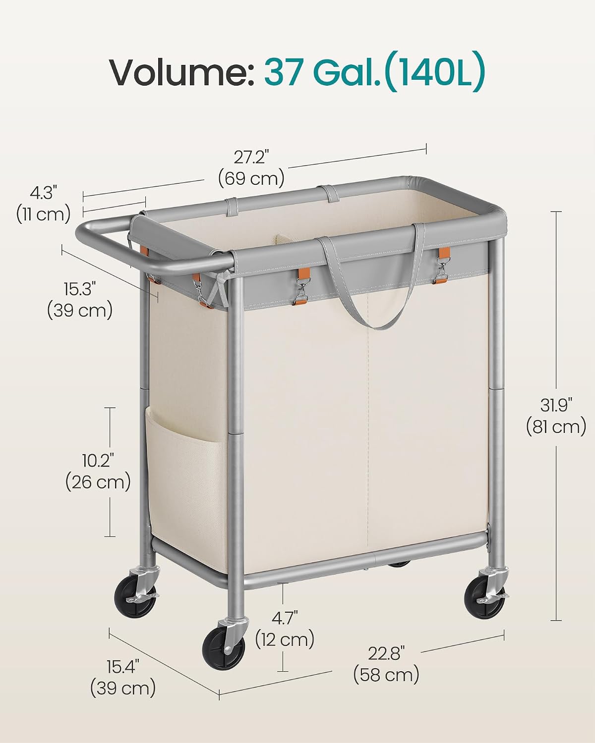 SONGMICS Laundry Basket with Wheels, 4-Section Rolling Laundry Hamper, 68.6 Gallons (260 L), Removable Liner, Steel Frame with Handle, 43.3 x 15.4 x 31.9 Inches, Cream White URLS014W01