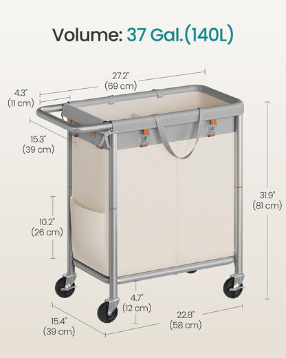 SONGMICS Laundry Basket with Wheels, 4-Section Rolling Laundry Hamper, 68.6 Gallons (260 L), Removable Liner, Steel Frame with Handle, 43.3 x 15.4 x 31.9 Inches, Cream White URLS014W01