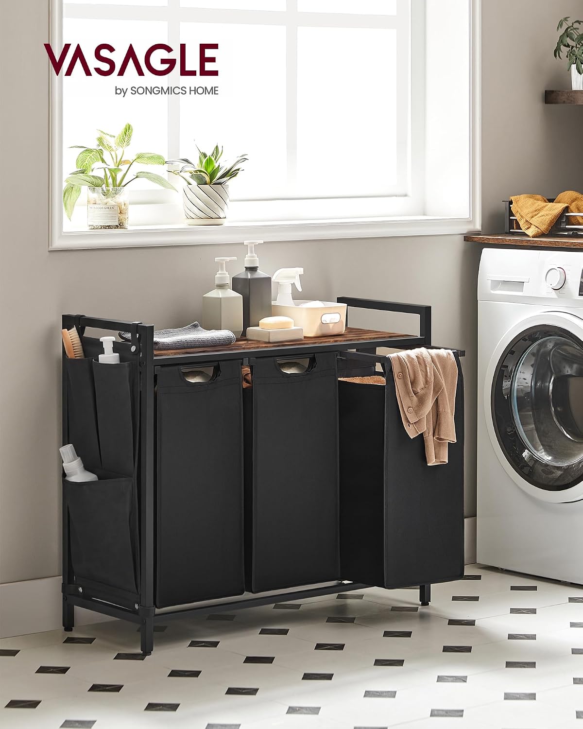 VASAGLE Laundry Hamper, Laundry Basket Sorter with 3 Pull-Out and Removable Bags, Shelf, Metal Frame, 3 x 10.6 Gallons (40 L), 36.4 x 13 x 28.4 Inches, Cappuccino Beige and Natural Beige UBLH301LH01