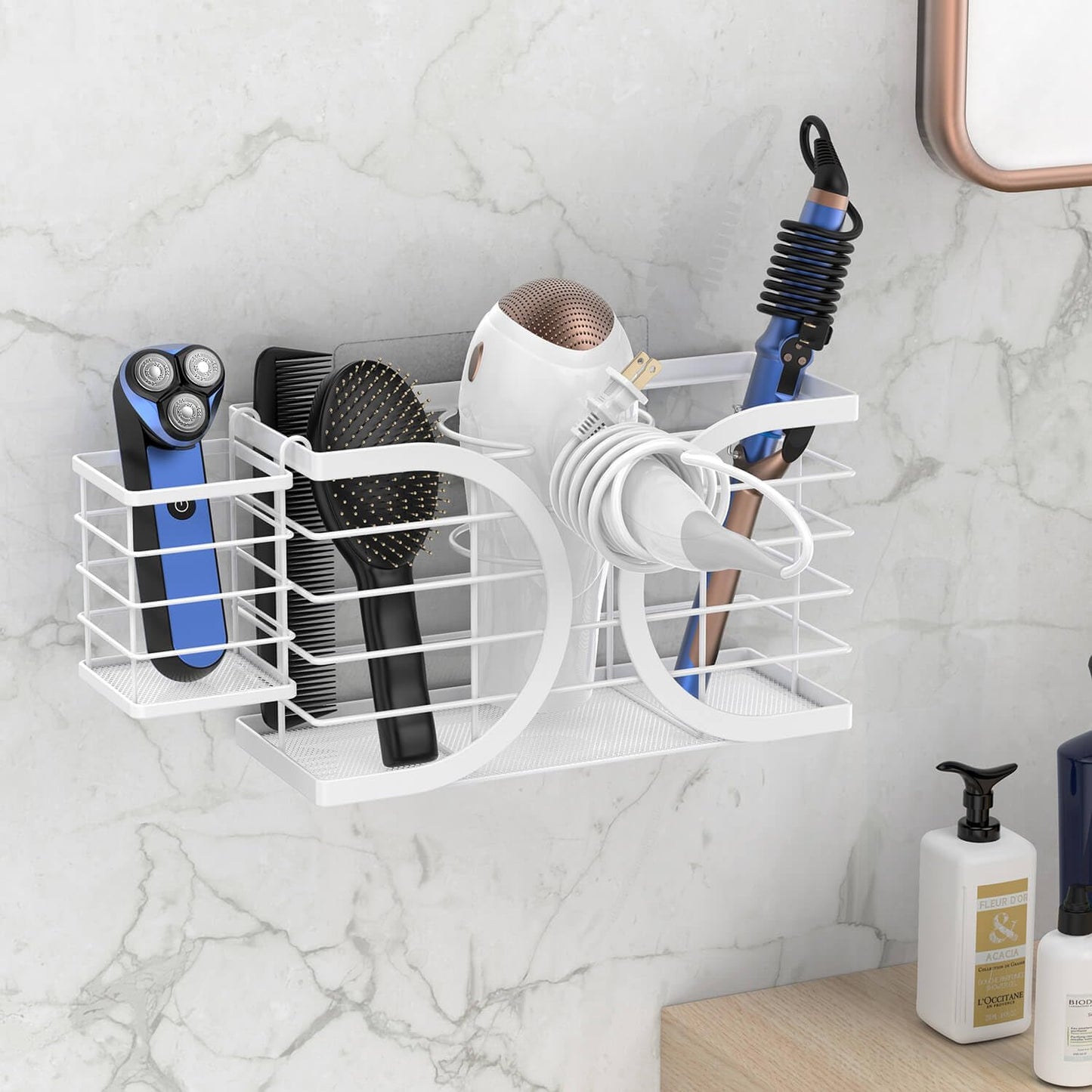 Hair Dryer Holder 3 in 1 Hair Tool Organizer - Blow Dryer Holder | Djustable Height Wall Mounted/Cabinet Door Bathroom Organizer Under Sink for Hair Dryer, Flat Irons, Curling Wands