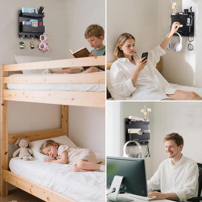 Bedside Wall Shelf with Glasses Hooks, Adhesive Bedside Organizer Wall Mount for Dorm and Room Accessories Phone，Remote，Earphone， Kindle (White)