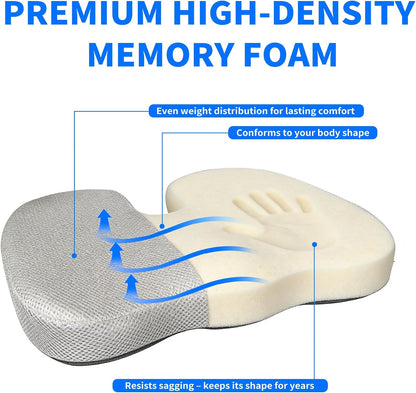 Coccyx & Tailbone Support Seat Cushion for Office & Car – Ergonomic U-Cutout Memory Foam for Sciatica, Pressure Relief, All-Day Comfort – Perfect for Desk Chair, Driving, Travel (Black)