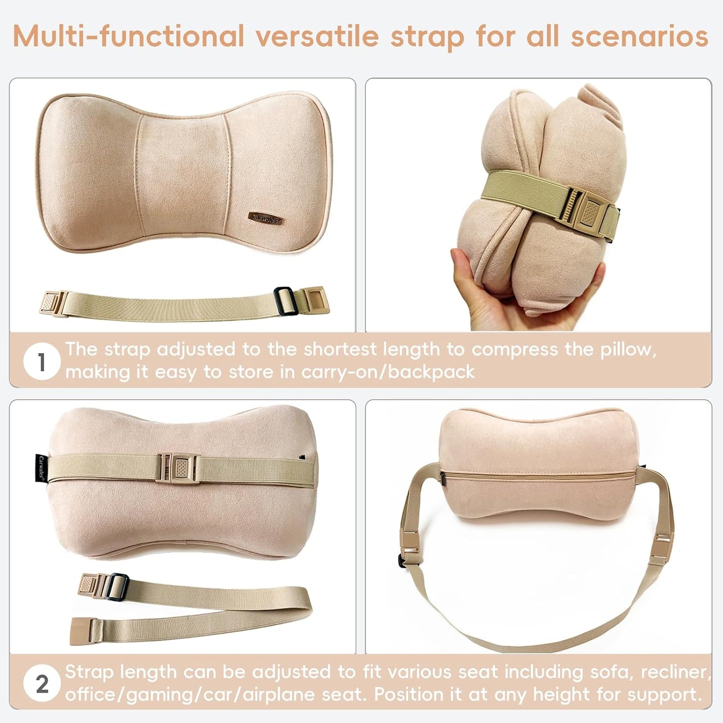 Memory Foam Neck Support Pillow for Recliner Car Headrest Pillow Tan | Couch Office Chair Head Cushion with Extension Adjustable Strap, Lower Back Lumbar Pain Relief, Ergonomic Design