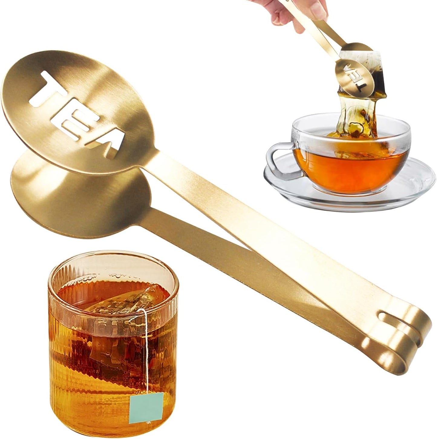 Tea Bag Squeezer, 4.8inch Stainless Steel Golden Squeezer Tongs, Teabag Squeezer, Tea Strainer Holder Clip, Tea Filter Spoon Clamp, for Loosing Leaf, Gripping Ice Cube, Sugar