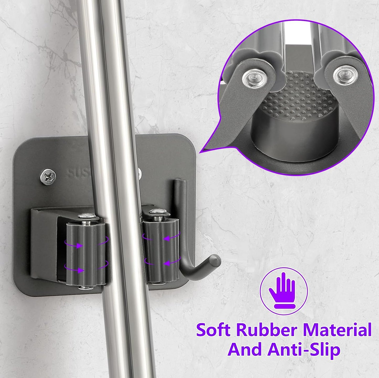 Stainless Steel Broom Holder, Heavy Duty, Rust Resistant, 4 Gripper Positions with 4 Hooks, Black | Drill-Mounted Gripper Rack Holds Brooms, Mops and Garden Tools Safely in the Laundry Room, Kitchen, Garage, Garden and Shed