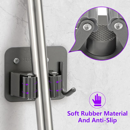 Stainless Steel Broom Holder, Heavy Duty, Rust Resistant, 4 Gripper Positions with 4 Hooks, Black | Drill-Mounted Gripper Rack Holds Brooms, Mops and Garden Tools Safely in the Laundry Room, Kitchen, Garage, Garden and Shed