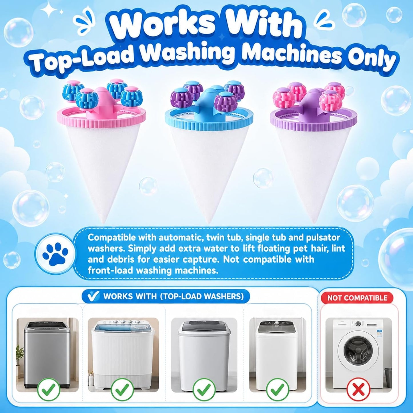 3-Pack Washing Machine Floating Hair Filter Mesh Bag, Reusable Lint Catcher, Pet Dog Cat Hair Remover for Laundry