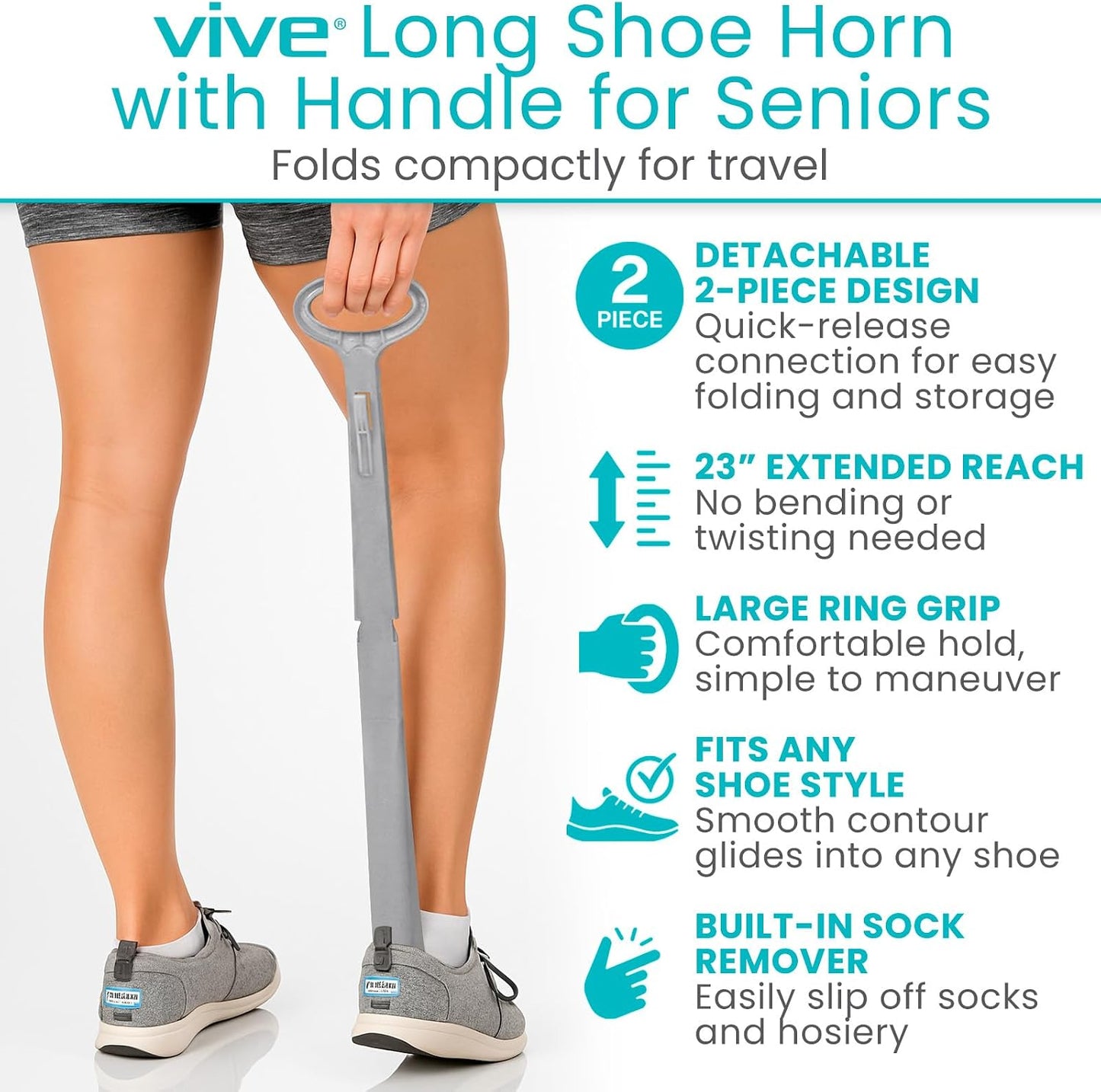 Vive Long Shoehorn for Seniors with Handle 23" | Sock Remover, Long Handled for Men & Women, Boot Shoe Helper and Sock Aid, Extra Reach, Patent-Pending Foldable