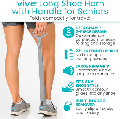 Vive Long Shoehorn for Seniors with Handle 23" | Sock Remover, Long Handled for Men & Women, Boot Shoe Helper and Sock Aid, Extra Reach, Patent-Pending Foldable