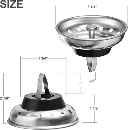 2 Pack Kitchen Sink Strainer and Stopper Combo Basket Replacement | For Standard 3-1/2 inch Drain, Spring Clip, Stainless Steel Basket and Rod, Rubber Stopper Bottom