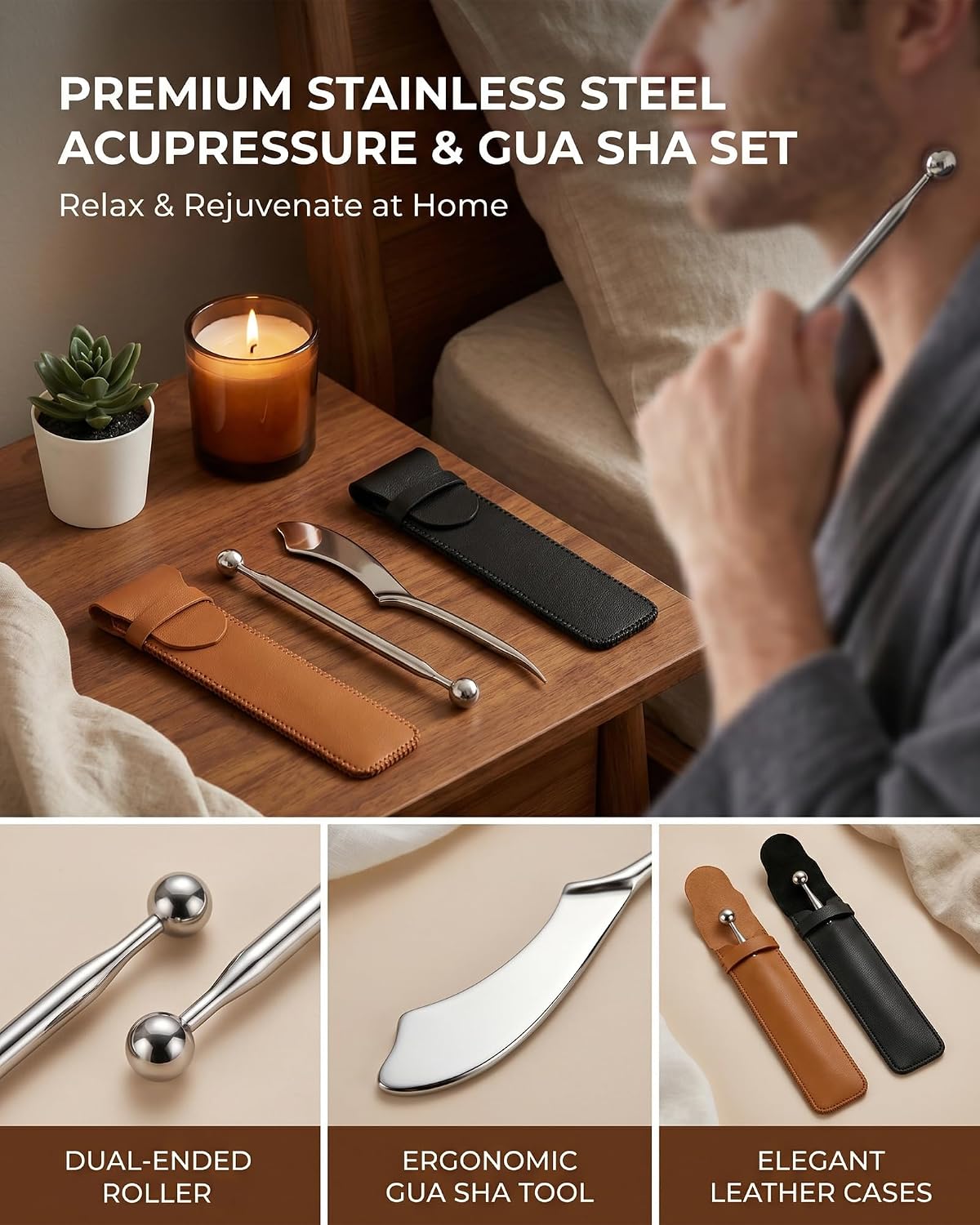 Stainless Steel Roller Massage Tools Set,3 Pcs Skin Care Kit for Daily Use | Handheld Metal Facial & Body Massager, PU Leather Case, Skin Care Kit, Daily Use(black)