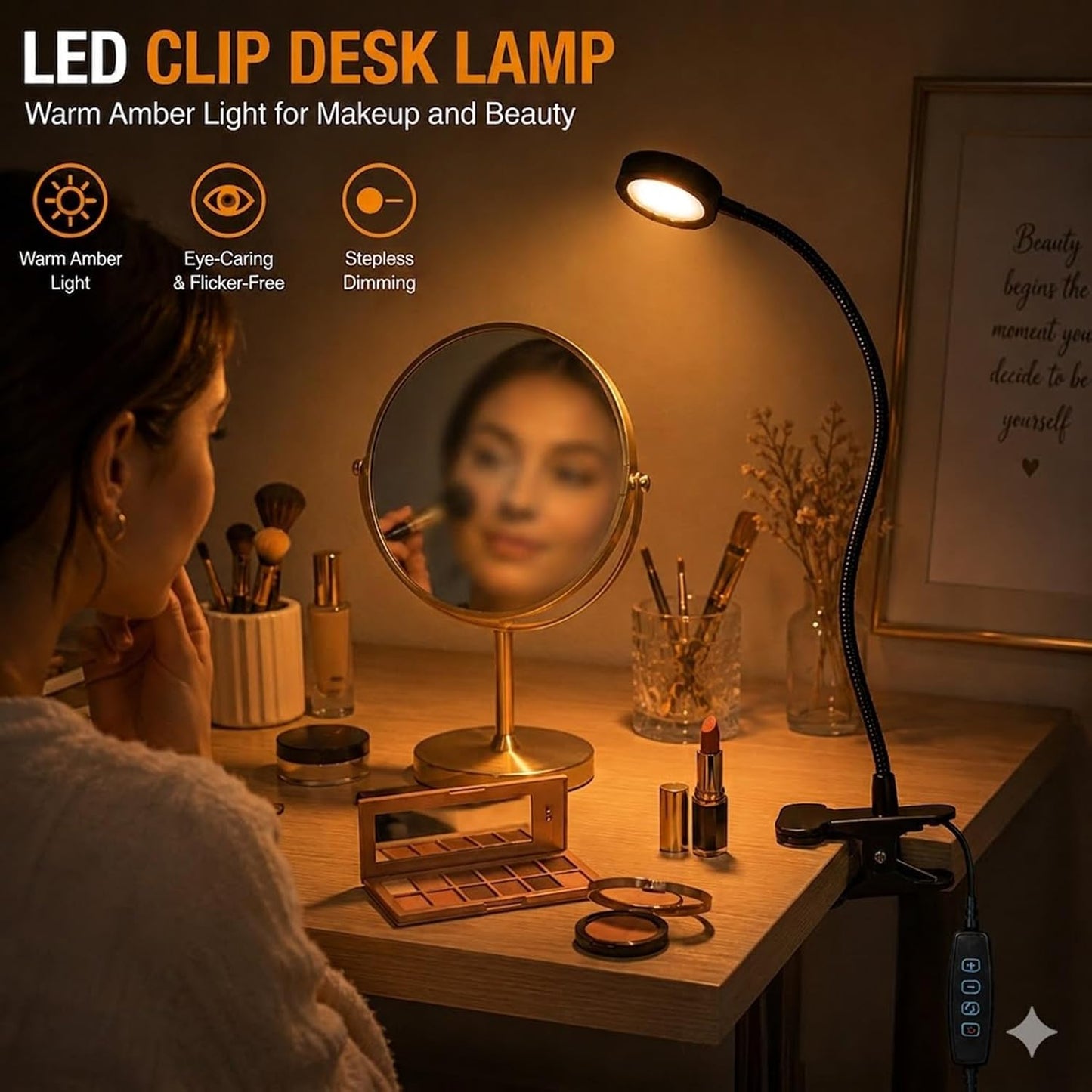 USB Clip-On Lamp, Eye Caring Dimmable Reading Light (Warm+Cool White, 8W) | Dimmable, Inline Switch, 1M Timer, USB 5V Port, 3000K+6000K, 81inch Long Cable, Flexible Gooseneck, Metal Head and Clip