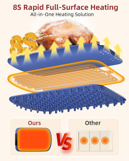Warming Mat for Food, Upgraded Fast-Heating Electric Warming Tray with 7 Temp Levels & 8 Timers, Buffet Raised Feet & Rollable Silicone Heat Pad, Portable Food Warmer for Home, Party & Travel (Blue)