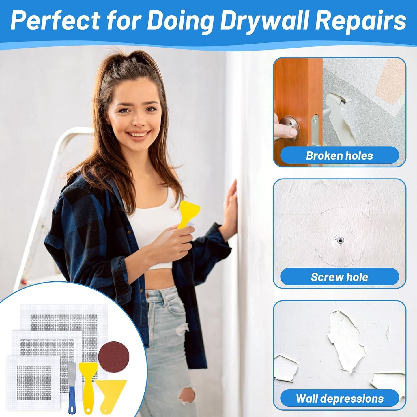 Drywall Repair Kit, Drywall Patch Repair Kit with 8.8OZ White Wall Repair Putty, Scraper Sandpapers Gloves for Heavy Duty Plaster Wall Repair, Easy to Fill Holes in Home Wall & Quick Repair Crack