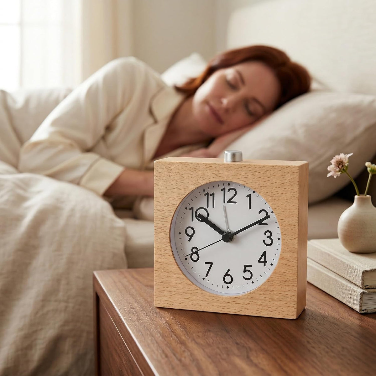 Wooden Analog Alarm Clock Silent Battery Operated with Night Light