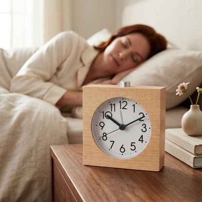 Wooden Analog Alarm Clock Silent Battery Operated with Night Light