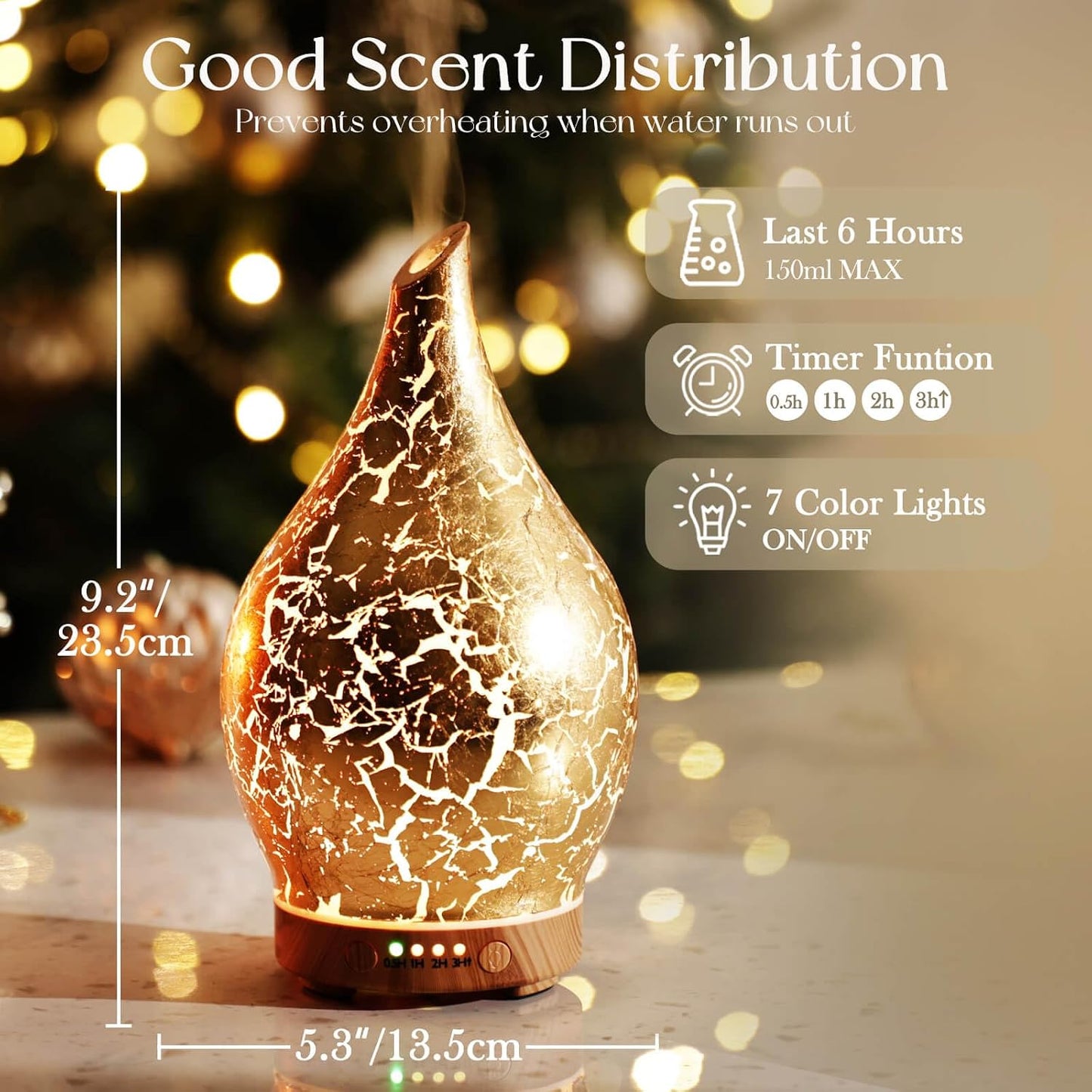 Porseme Oil Diffuser 3D Glass Aromatherapy Ultrasonic Humidifier, Air Refresh Auto Shut-Off, Timer Setting, BPA Free for Home Hotel Yoga Leisure SPA Gift 150ml Last 6H - Colors A