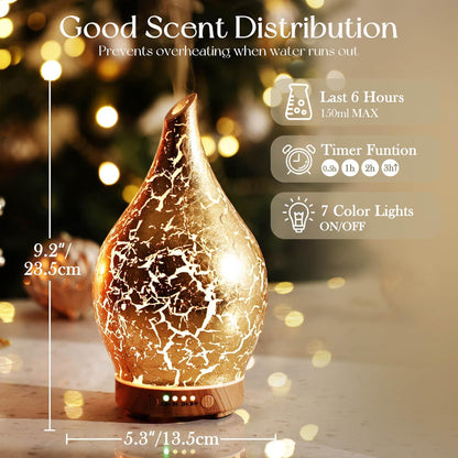 Porseme Oil Diffuser 3D Glass Aromatherapy Ultrasonic Humidifier, Air Refresh Auto Shut-Off, Timer Setting, BPA Free for Home Hotel Yoga Leisure SPA Gift 150ml Last 6H - Colors A