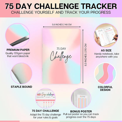 75 Day Challenge Tracker Notebook A5 | Colourful 75 Day Fitness & Habit Journal with Measurement Pages, Weekly Goal & Habit Tracker, Meal Planner, Bonus Pull-Out Poster, 120gsm Paper