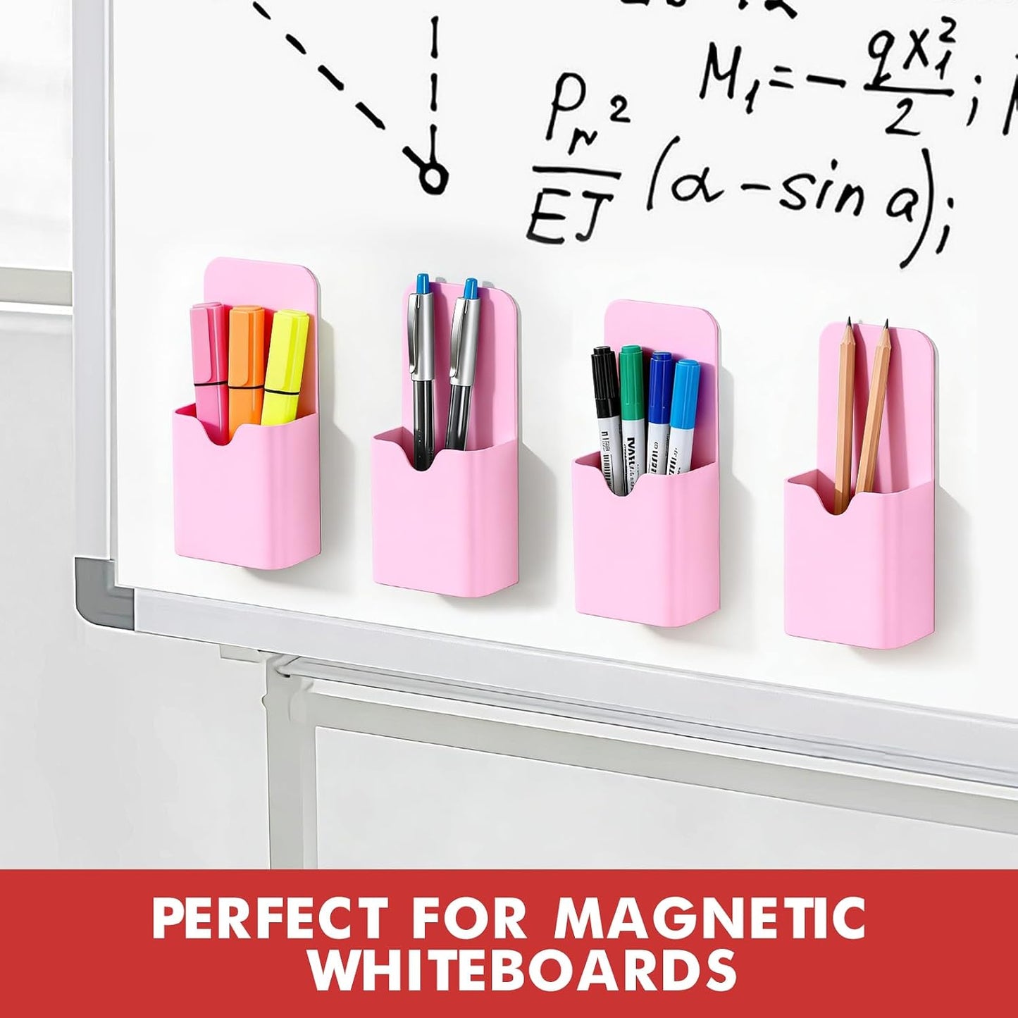BEYGORM Magnetic Pen Holder for Refrigerator, Pencil Cup Organizer (Black) | Upgraded 1.5mm thick magnetic backing for whiteboards, lockers & fridge; 4 Pcs dry erase marker holder for classroom & office