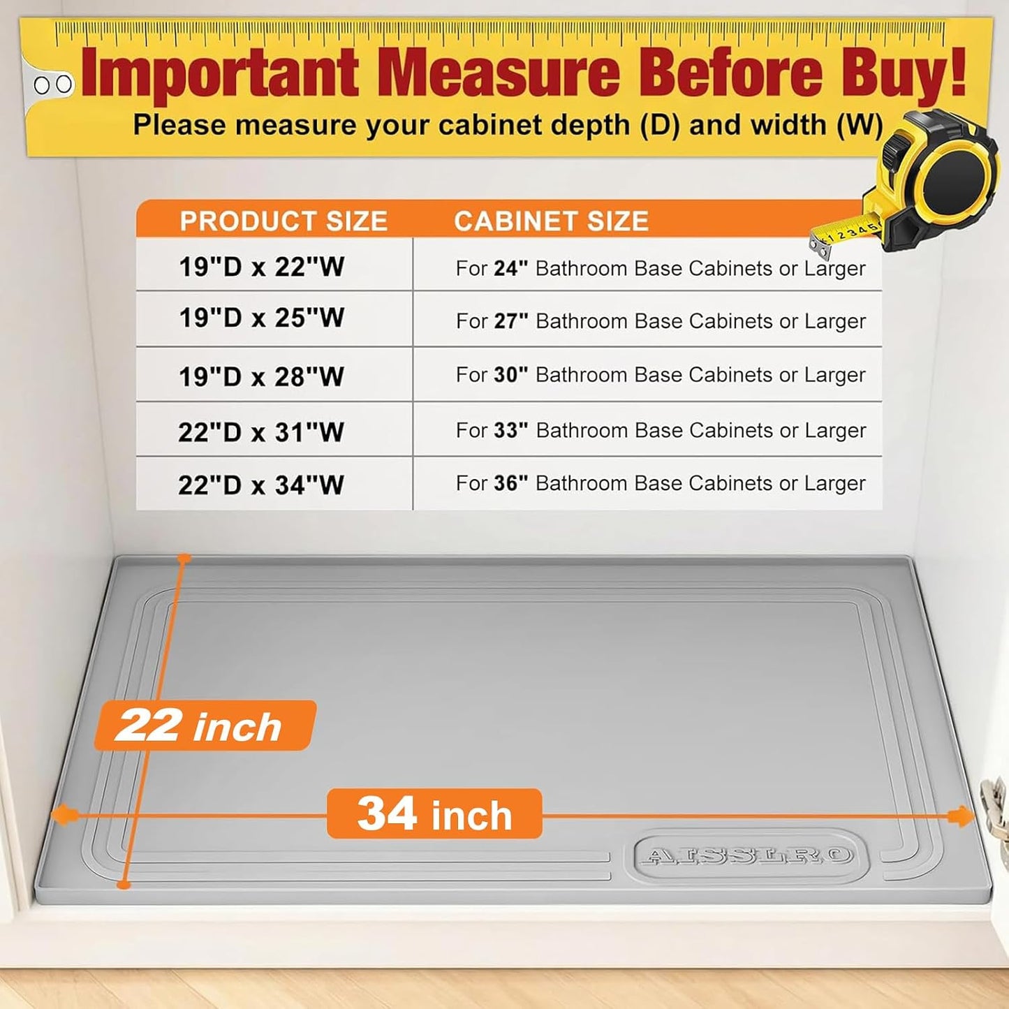 Under Sink Mat 22" X 19", Waterproof Silicone Cabinet Kitchen Liner, Gray | BPA-Free Raised-Edge Cabinet Protector & Leak Tray for Bathroom Cabinets, Boots, Pet Feeding Dog & Cat Mats, Dishwasher Safe