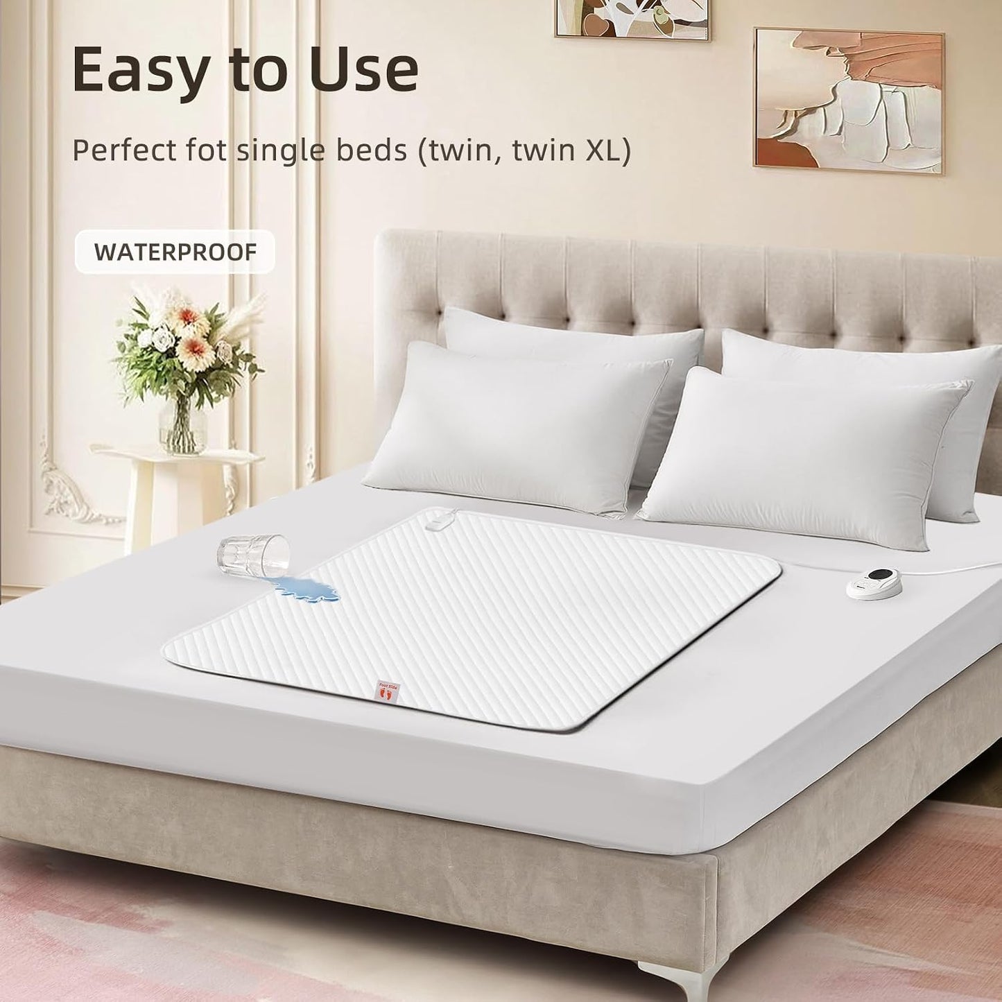 Bwarm Waterproof Heated Mattress Pad, ETL Certified Bed Warmer with 9 Heat Settings, 1-12 Hours Auto Off Deep Pocket, Machine Washable, White Foot Queen