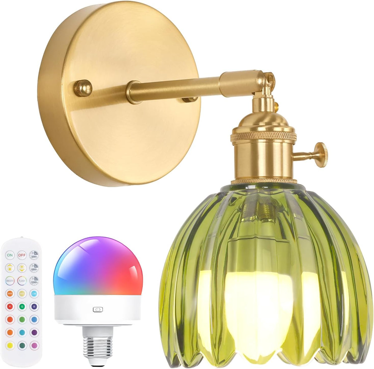 Shenmoyl Vintage Battery Operated Wall Sconce with Green Tulip Glass Lampshade Rechargeable Battery Powered Wall Light with Remote Control for Bedside Bedroom Doorway