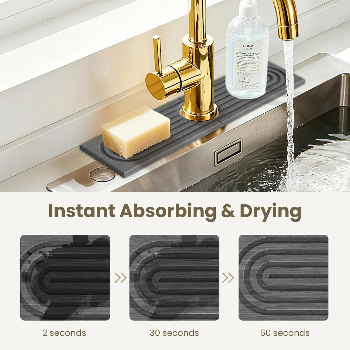 Diatomite Faucet Mat for Kitchen Sink, Quick-Dry Stone-Like Sink Mat, Flat Lay Absorbent Countertop Drying Mat for Faucet Area, Hard Diatomite Mat, Gray, 23.6 x 4 in