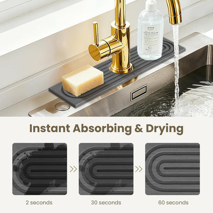 Diatomite Faucet Mat for Kitchen Sink, Quick-Dry Stone-Like Sink Mat, Flat Lay Absorbent Countertop Drying Mat for Faucet Area, Hard Diatomite Mat, Gray, 23.6 x 4 in