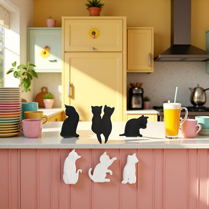 6Pcs Black and White Heat-Resistant Silicone Tea Bag Clips Set - Cartoon Cat-Shaped Reusable Holders for Drinks, Food Markers, Squeezer, and Accessories