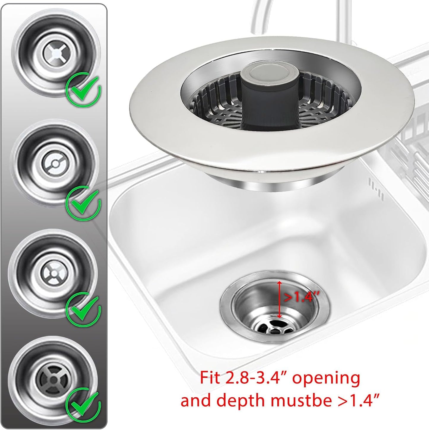 BAOLSLS 3 in 1 Kitchen Sink Stopper, Pop Up Kitchen Sink Drain Strainer | with An Extra Basket Strainer, Kitchen Sink Drain Stopper for US Standard 3-1/2 Inch, Chrome Silver