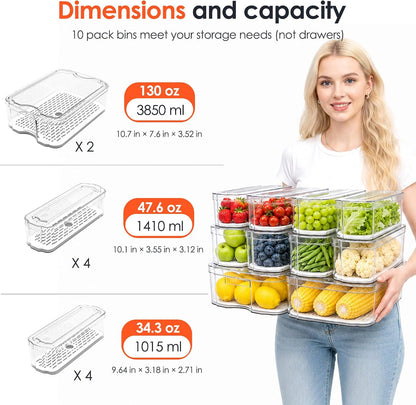 SMRCAD 6 Pack Clear Fridge Organizer Bins with Drain Trays - Stackable | BPA-Free PET, 6 Pack: 6 lidded Bins (Not drawer), Helps Keep Produce Fresh, 14L Capacity, Hand Wash Only