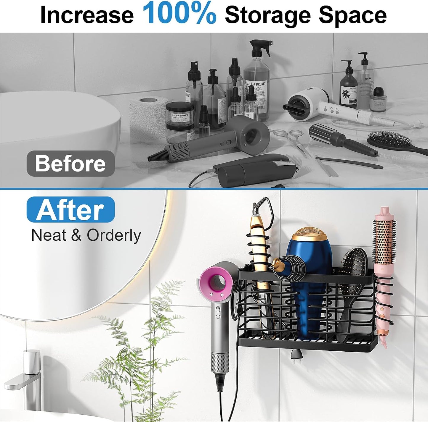 2026 Upgraded 3-in-1 Universal Hair Tool Organizer, XL Size, Black | Adjustable Height Metal Hair Dryer Holder, Wall Mounted, Over Cabinet Door, Countertop, Bathroom Storage