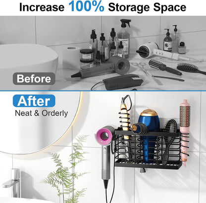 2026 Upgraded 3-in-1 Universal Hair Tool Organizer, XL Size, Black | Adjustable Height Metal Hair Dryer Holder, Wall Mounted, Over Cabinet Door, Countertop, Bathroom Storage